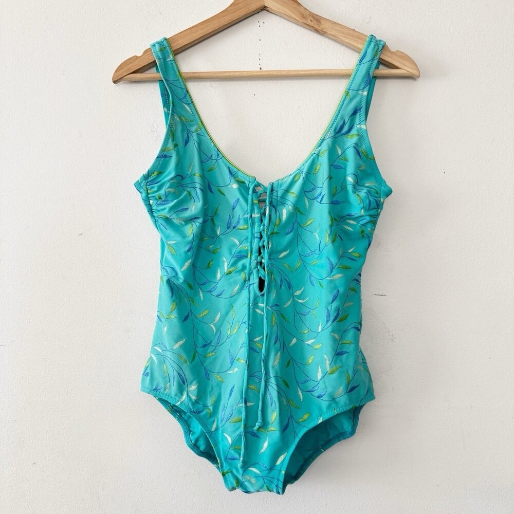 Gottex Swimsuit Retro Swimwear One Piece Bathing Suit‎ Teal Embroidered Tie 12